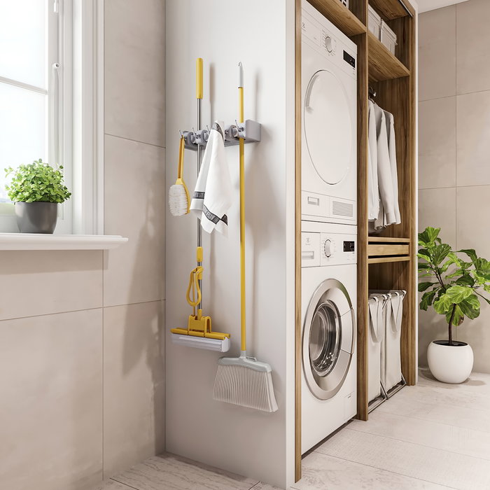 Emuca Colgador de escobas y fregonas, con 5 ganchos y 4 huecos, Plástico, Gris