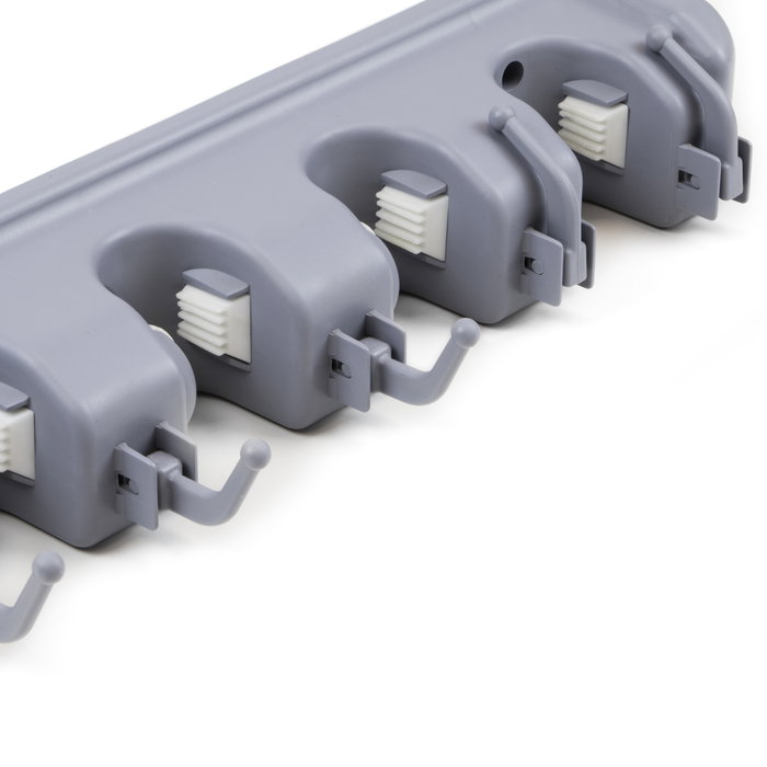 Emuca Colgador de escobas y fregonas, con 5 ganchos y 4 huecos, Plástico, Gris