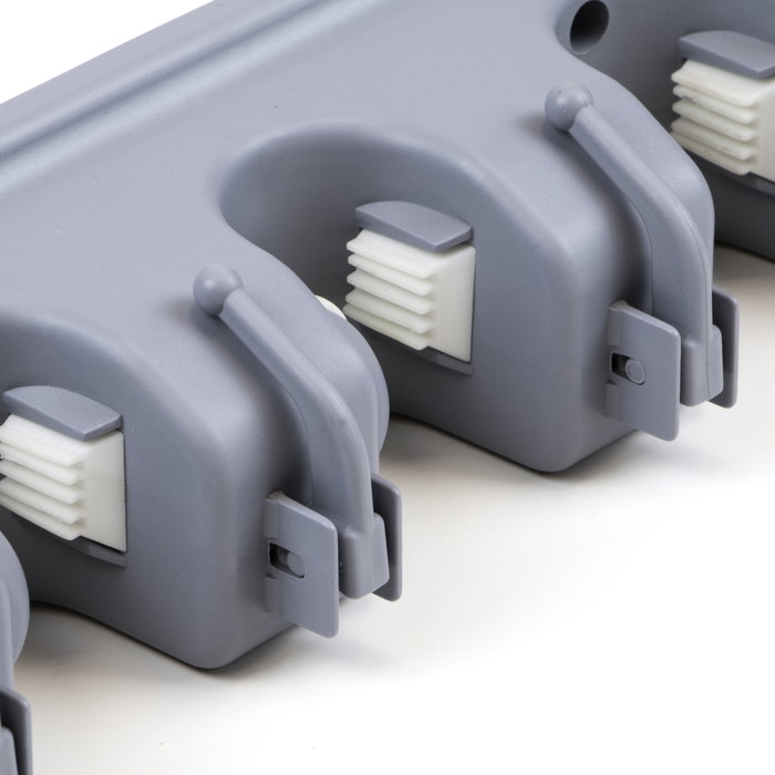 Emuca Colgador de escobas y fregonas, con 5 ganchos y 4 huecos, Plástico, Gris