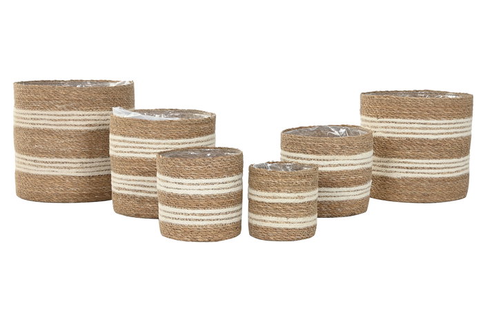 DKD Home Decor Set de 6 Maceteros Seagrass y Yute Natural y Blanco