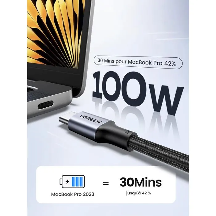 UGREEN Cable USB-C a USB-C Reforzado 100W 2 Metros Negro UGR6957303874293
