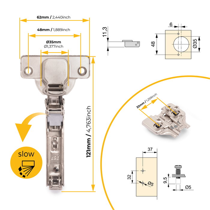 Emuca Lote de 20 bisagras rectas X92 con cierre suave y suplementos montaje mixto, Diámetro 5x9.5mm, Altura 0, Acero, Níquel