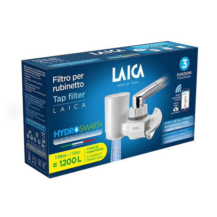 Laica Filtro para grifo Venezia R60A Hidrosmart, Blanco, Mantiene Minerales, Reduce Microplásticos y Cloro, App Wellness