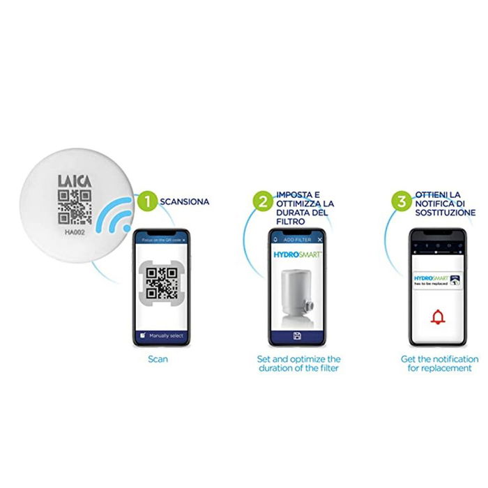 Laica Filtro para grifo Venezia R60A Hidrosmart, Blanco, Mantiene Minerales, Reduce Microplásticos y Cloro, App Wellness