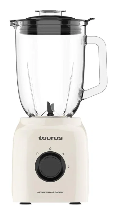 Taurus Optima Vintage 1500MAX Batidora de Vaso 1500W, Jarra de Vidrio 1.8L (1.5L útil), 4 Cuchillas Acero Inoxidable, Pica Hielo, 21500 rpm, 2 Velocidades + Turbo, Color Crema