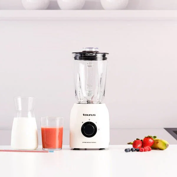 Taurus Optima Vintage 1500MAX Batidora de Vaso 1500W, Jarra de Vidrio 1.8L (1.5L útil), 4 Cuchillas Acero Inoxidable, Pica Hielo, 21500 rpm, 2 Velocidades + Turbo, Color Crema