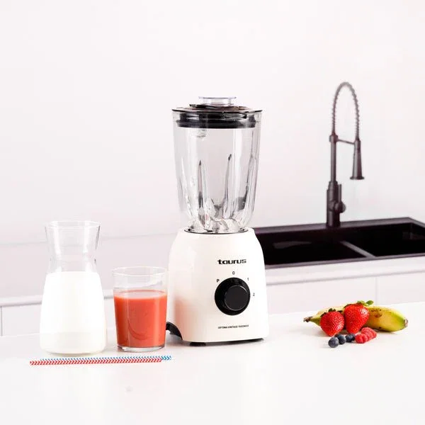 Taurus Optima Vintage 1500MAX Batidora de Vaso 1500W, Jarra de Vidrio 1.8L (1.5L útil), 4 Cuchillas Acero Inoxidable, Pica Hielo, 21500 rpm, 2 Velocidades + Turbo, Color Crema