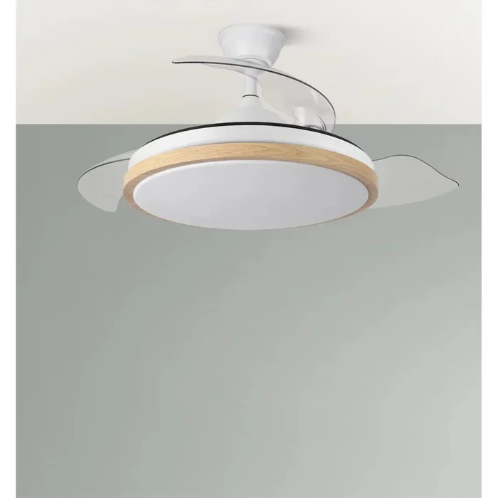 Evros Ventilador DC 59W 6980lm Blanco/Haya 107cm con Aspas Desplegables y 3 Temperaturas de Luz (3000-4000-6000K) Mando y Temporizador Evros Ventilador DC 59W 6980lm Blanco/Haya 107cm con Aspas Desplegables y 3 Temperaturas de Luz (3000-4000-6000K) Mando y Temporizador