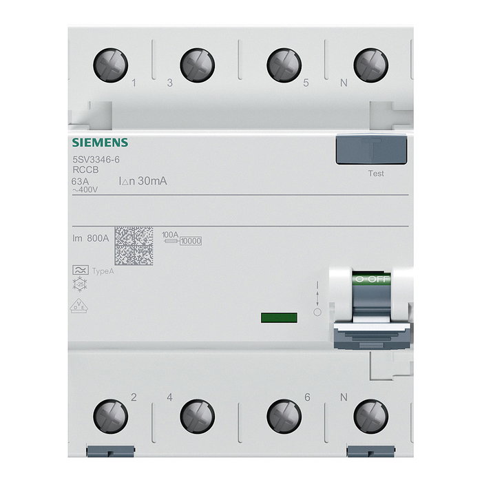 Siemens FI-Schalter 5SV33466 Typ A 63A 3+N-pol 30mA 400V 4TE Siemens FI-Schalter 5SV33466 Typ A 63A 3+N-pol 30mA 400V 4TE
