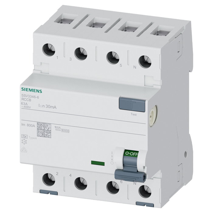 Siemens FI-Schalter 5SV33466 Typ A 63A 3+N-pol 30mA 400V 4TE Siemens FI-Schalter 5SV33466 Typ A 63A 3+N-pol 30mA 400V 4TE