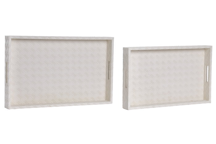 DKD Home Decor Set de 2 Bandejas de PU y Madera Blanco 44x27x4 cm