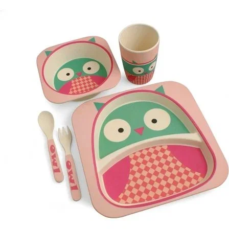 VAJILLA INFANTIL BÚHO JOCCA 1740B - FIBRA DE BAMBU - 2 PLATOS (21.3/14.1CM) - VASO - CUCHARA - TENEDOR