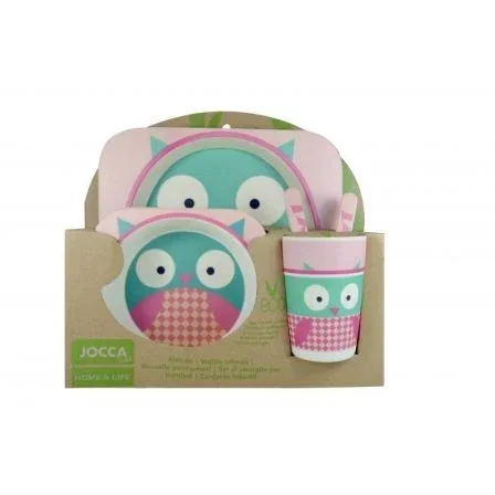 VAJILLA INFANTIL BÚHO JOCCA 1740B - FIBRA DE BAMBU - 2 PLATOS (21.3/14.1CM) - VASO - CUCHARA - TENEDOR