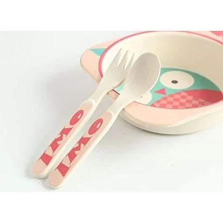 VAJILLA INFANTIL BÚHO JOCCA 1740B - FIBRA DE BAMBU - 2 PLATOS (21.3/14.1CM) - VASO - CUCHARA - TENEDOR