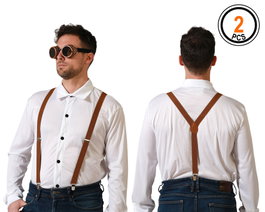 Gafas con Tirantes Marrones de Sol Disfraz Vintage Set 2 Piezas para Look Retro Steampunk