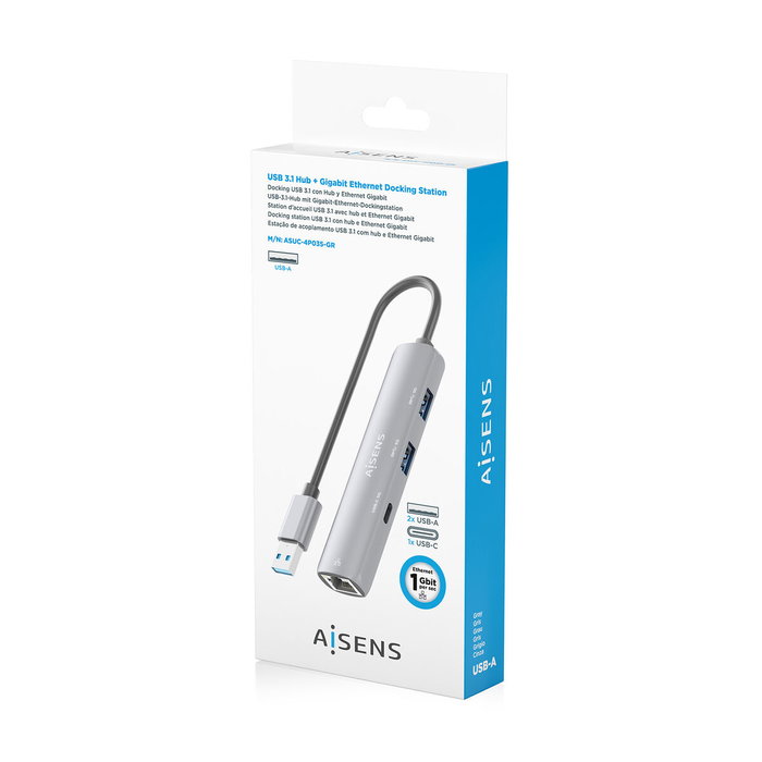 Aisens Docking Station USB-A a Gigabit Ethernet + Hub 1xUSB-C y 2xUSB-A, Gris