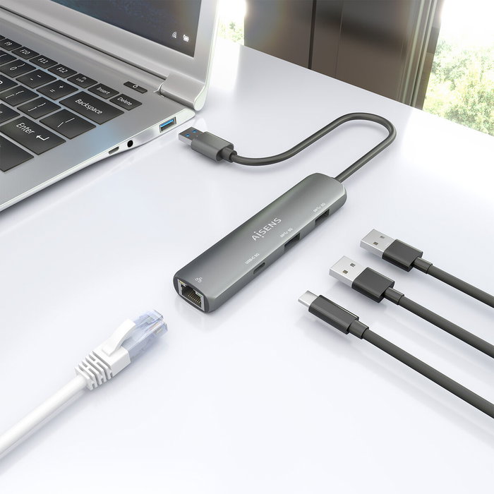 Aisens Docking Station USB-A a Gigabit Ethernet + Hub 1xUSB-C y 2xUSB-A, Gris