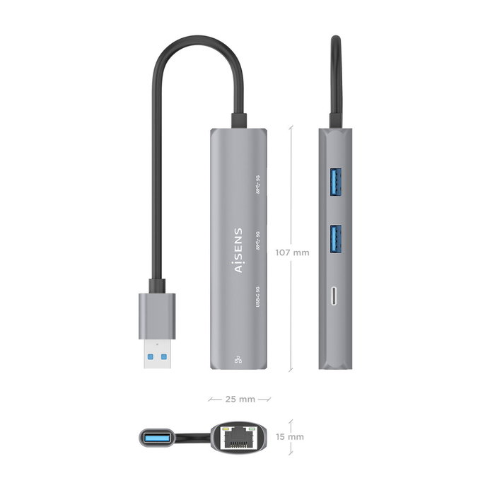 Aisens Docking Station USB-A a Gigabit Ethernet + Hub 1xUSB-C y 2xUSB-A, Gris