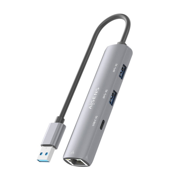 Aisens Docking Station USB-A a Gigabit Ethernet + Hub 1xUSB-C y 2xUSB-A, Gris