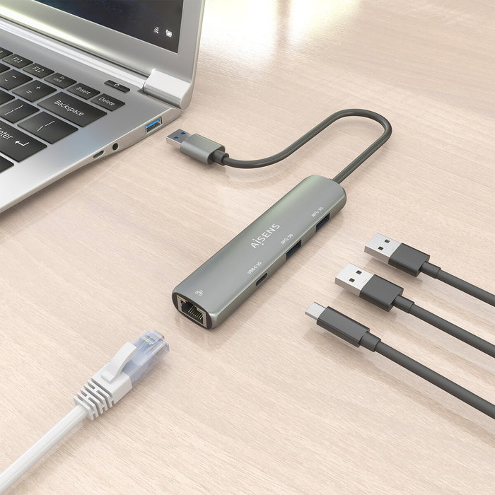 Aisens Docking Station USB-A a Gigabit Ethernet + Hub 1xUSB-C y 2xUSB-A, Gris
