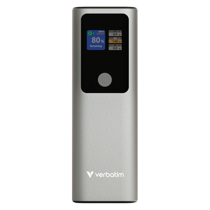 Verbatim Charge 'n' Go Powerbank 27000 mAh, 99.9Wh, Gris Metal, Carga Rápida PD 3.1 QC 3.0, Pantalla TFT, 3 Puertos