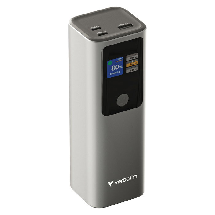 Verbatim Charge 'n' Go Powerbank 27000 mAh, 99.9Wh, Gris Metal, Carga Rápida PD 3.1 QC 3.0, Pantalla TFT, 3 Puertos