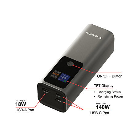 Verbatim Charge 'n' Go Powerbank 27000 mAh, 99.9Wh, Gris Metal, Carga Rápida PD 3.1 QC 3.0, Pantalla TFT, 3 Puertos
