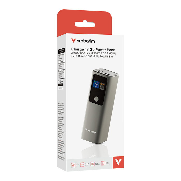Verbatim Charge 'n' Go Powerbank 27000 mAh, 99.9Wh, Gris Metal, Carga Rápida PD 3.1 QC 3.0, Pantalla TFT, 3 Puertos