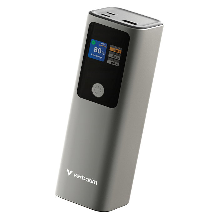 Verbatim Charge 'n' Go Powerbank 27000 mAh, 99.9Wh, Gris Metal, Carga Rápida PD 3.1 QC 3.0, Pantalla TFT, 3 Puertos