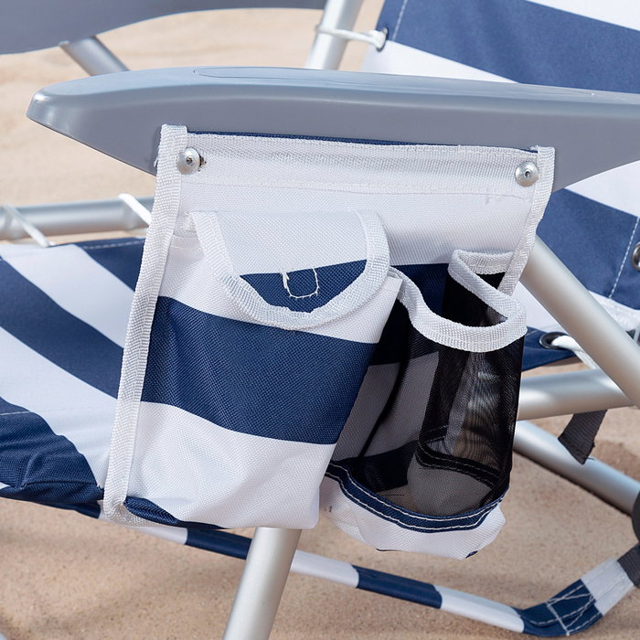 Aktive Silla de playa plegable baja rayas azul marino y blanco con cojín y bolsillo Aktive Silla de playa plegable baja rayas azul marino y blanco con cojín y bolsillo