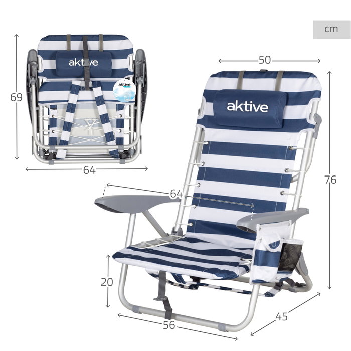 Aktive Silla de playa plegable baja rayas azul marino y blanco con cojín y bolsillo Aktive Silla de playa plegable baja rayas azul marino y blanco con cojín y bolsillo