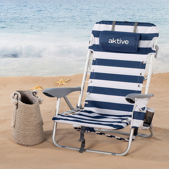 Aktive Silla de playa plegable baja rayas azul marino y blanco con cojín y bolsillo Aktive Silla de playa plegable baja rayas azul marino y blanco con cojín y bolsillo