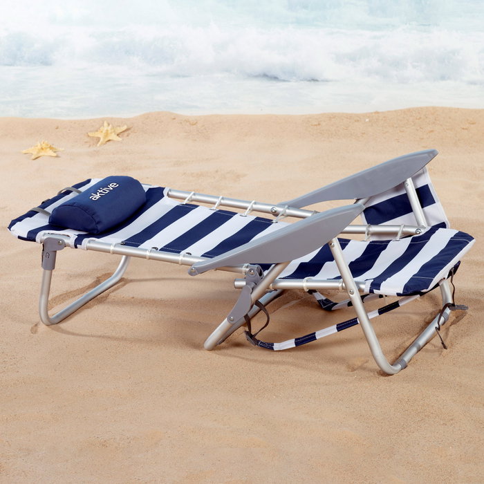 Aktive Silla de playa plegable baja rayas azul marino y blanco con cojín y bolsillo Aktive Silla de playa plegable baja rayas azul marino y blanco con cojín y bolsillo