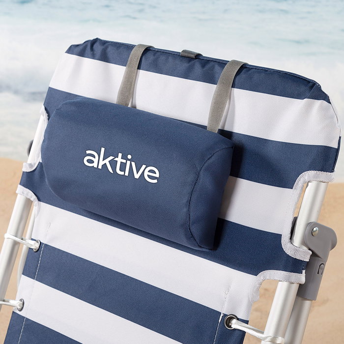 Aktive Silla de playa plegable baja rayas azul marino y blanco con cojín y bolsillo Aktive Silla de playa plegable baja rayas azul marino y blanco con cojín y bolsillo