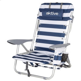 Aktive Silla de playa plegable baja rayas azul marino y blanco con cojín y bolsillo