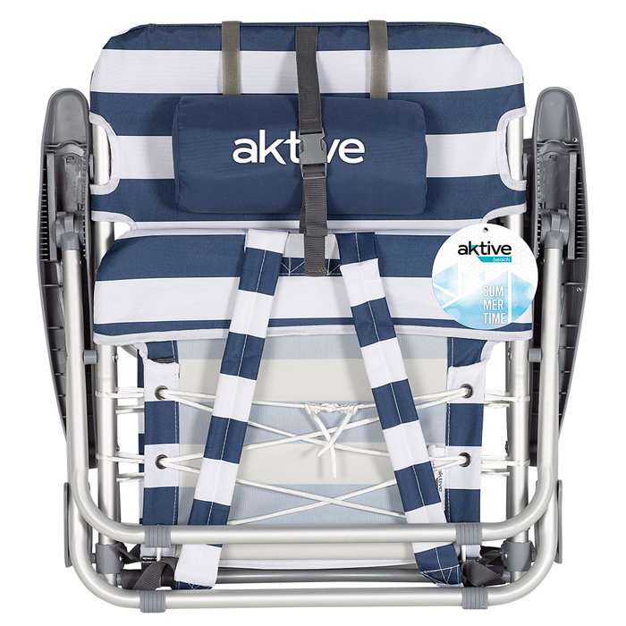 Aktive Silla de playa plegable baja rayas azul marino y blanco con cojín y bolsillo Aktive Silla de playa plegable baja rayas azul marino y blanco con cojín y bolsillo