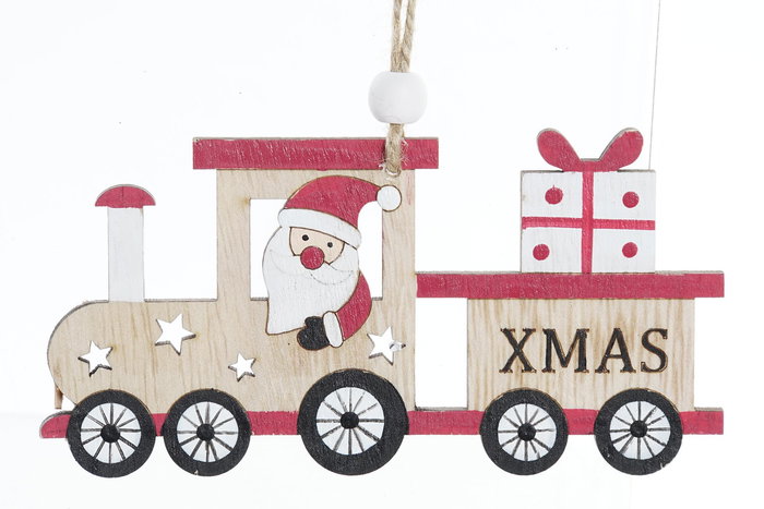 DKD Home Decor Colgante Navidad Tren Tradicional Natural Rojo MDF Cuerda 12 x 5.5 x 0.5 cm (24 Unidades)
