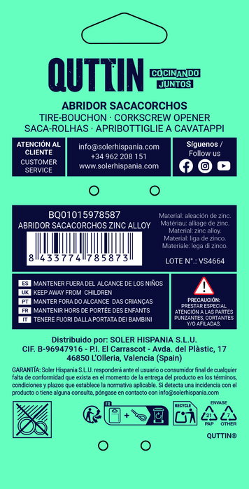 Quttin Sacacorchos Zinc Alloy -72- Abridor (18 Unidades)