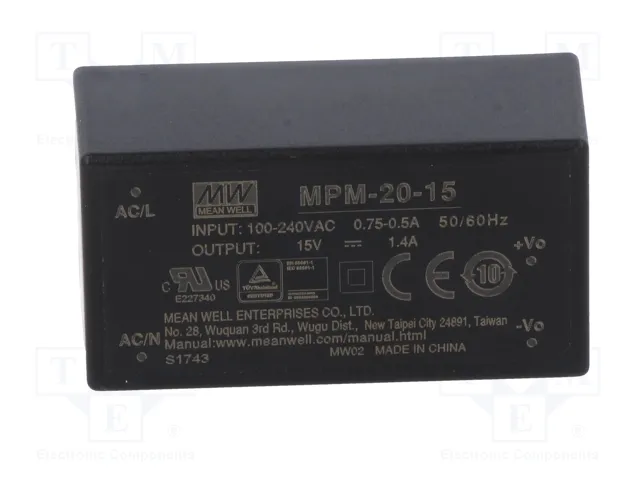 MEAN WELL MPM-20-15 Convertidor AC/DC 20W 15V 1,4A