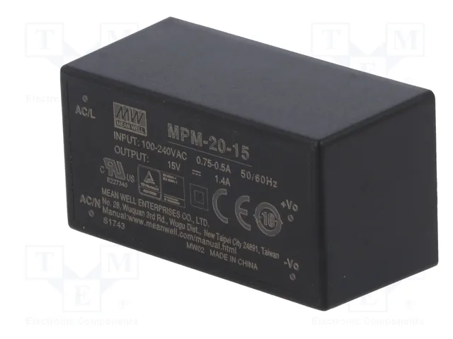 MEAN WELL MPM-20-15 Convertidor AC/DC 20W 15V 1,4A