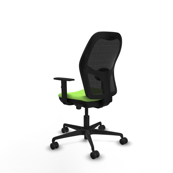 Silla de oficina Jorquera con mecanismo Sincro/Traslack tapizada con Tela color Pistacho y malla color Negro. Equipada con lumbar 1D, Brazos 1D y Ruedas 65mm nailon