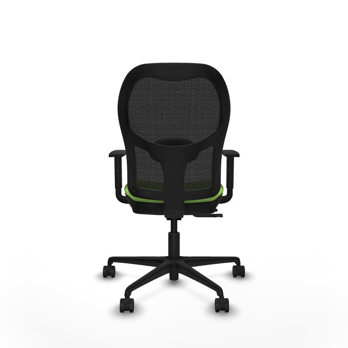 Silla de oficina Jorquera con mecanismo Sincro/Traslack tapizada con Tela color Pistacho y malla color Negro. Equipada con lumbar 1D, Brazos 1D y Ruedas 65mm nailon