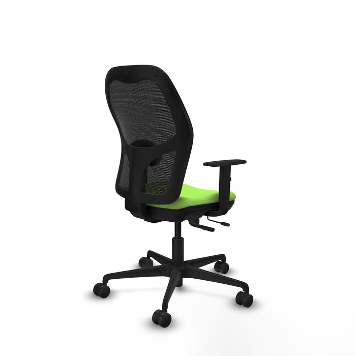 Silla de oficina Jorquera con mecanismo Sincro/Traslack tapizada con Tela color Pistacho y malla color Negro. Equipada con lumbar 1D, Brazos 1D y Ruedas 65mm nailon