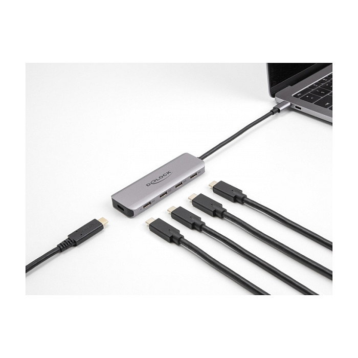 DeLOCK Hub USB-C de 4 Puertos, USB 3.2 Gen 1 (5 Gbps), Conector Tipo-C, Cable de 0.15 m, Color Gris, Metal, Plug and Play, Compatible con Windows, Mac, Linux, Android, ChromeOS