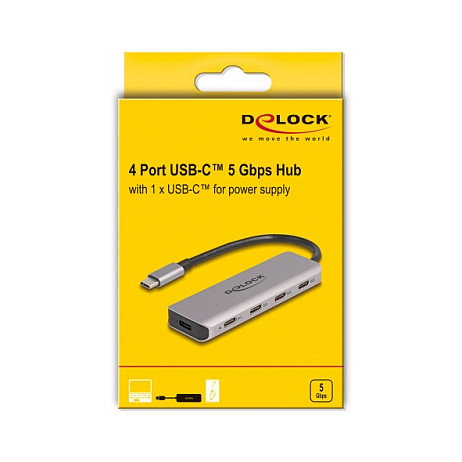 DeLOCK Hub USB-C de 4 Puertos, USB 3.2 Gen 1 (5 Gbps), Conector Tipo-C, Cable de 0.15 m, Color Gris, Metal, Plug and Play, Compatible con Windows, Mac, Linux, Android, ChromeOS