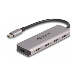 DeLOCK Hub USB-C de 4 Puertos, USB 3.2 Gen 1 (5 Gbps), Conector Tipo-C, Cable de 0.15 m, Color Gris, Metal, Plug and Play, Compatible con Windows, Mac, Linux, Android, ChromeOS