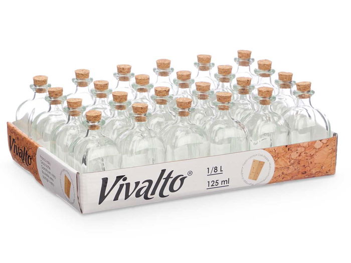 Vivalto Frasca Vidrio 125 ml con tapón de corcho, Transparente. Dimensiones 5 x 10.4 x 5 cm (Set de 48)