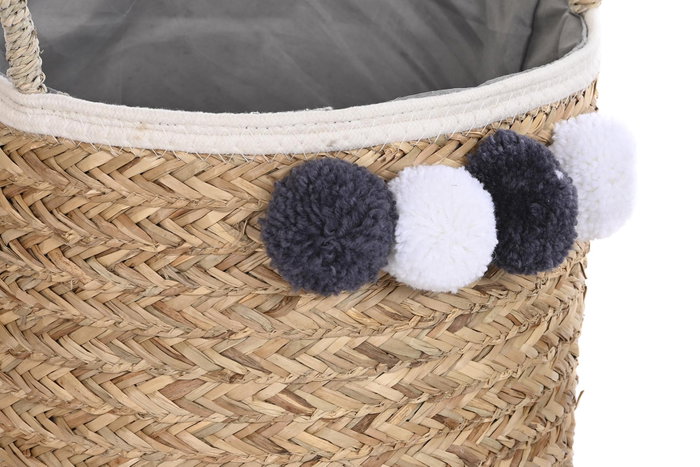 DKD Home Decor Set de 3 Cestas de Fibra y Algodón con Pompón Natural, Gris y Blanco