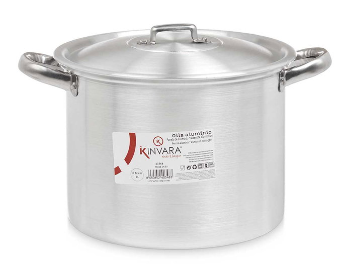 Kinvara Olla de Aluminio 22 cm / 6 Litros Plata para Gas, Horno y Lavavajillas (Set de 6)