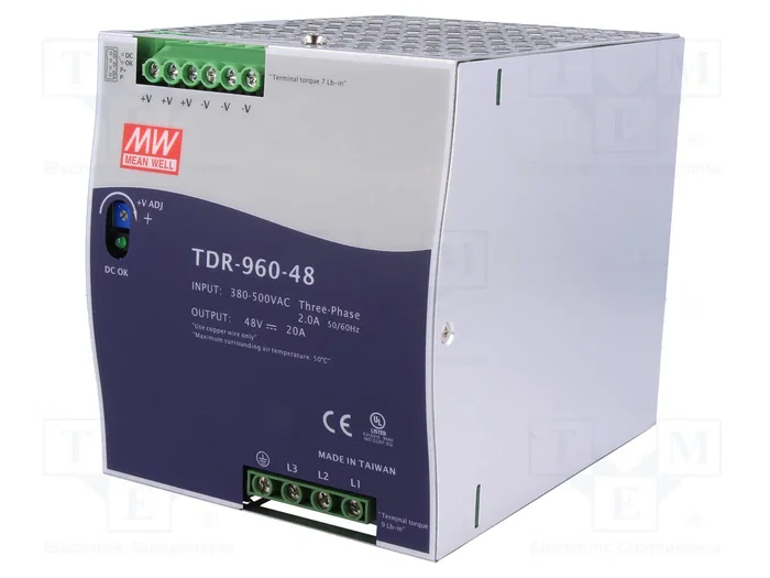MEAN WELL TDR-960-48 960W 48VDC 20A Alimentador de Impulso para Carril DIN MEAN WELL TDR-960-48 960W 48VDC 20A Alimentador de Impulso para Carril DIN